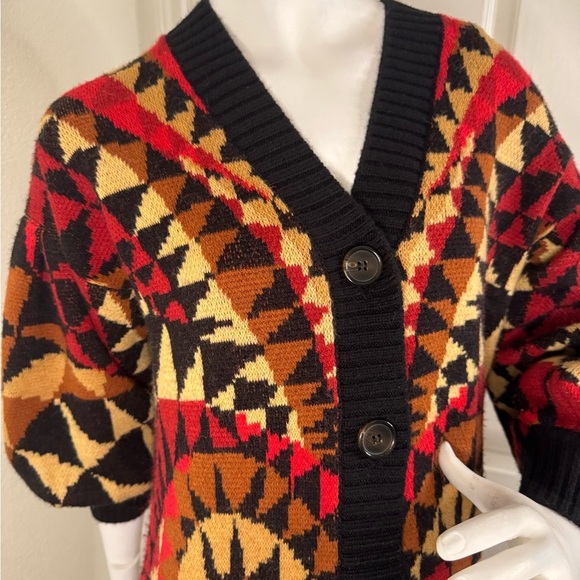 Farm Rio Geometric Patterned Cardigan Sweater - Black, Red, Brown - Picture 4 of 16
